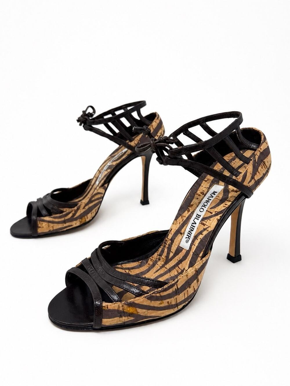 Manolo Blahnik Zebra Cork Strappy Sandal Heels Womens Size EU 36